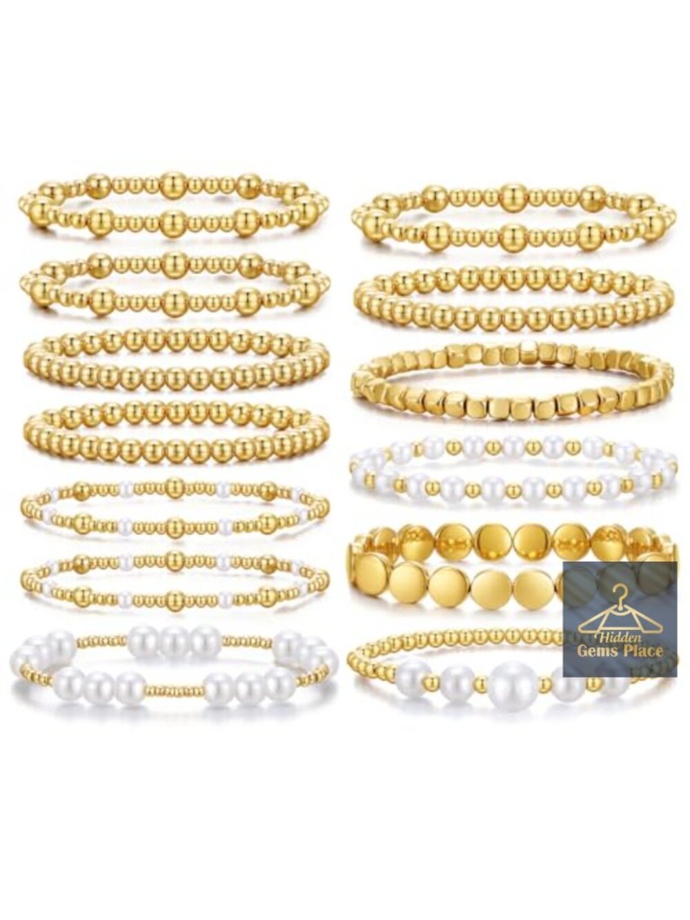 13pcs Gold Silver Beaded Stretch Bracelet Stack with Faux Pearl Set